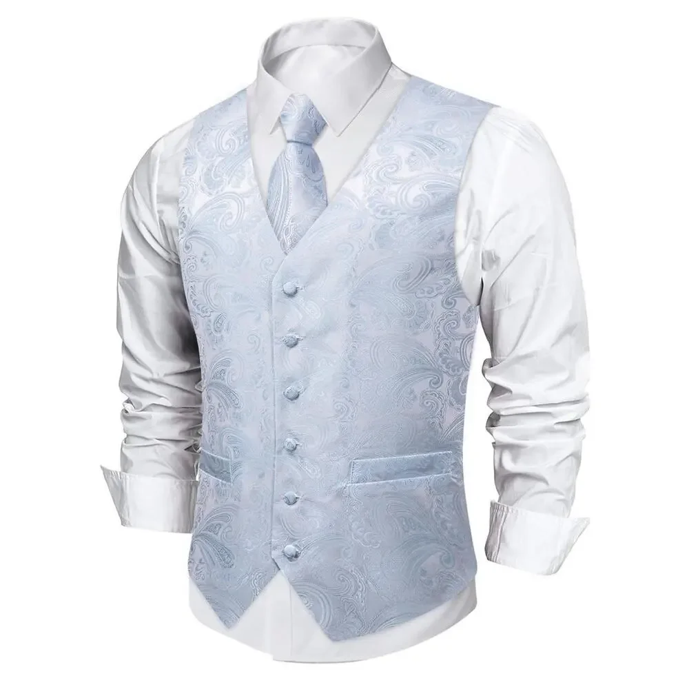 Mens 6 PCS Paisley Silk Vest Tie Set Formal Tuxedo Waistcoat Necktie Blue 3XL